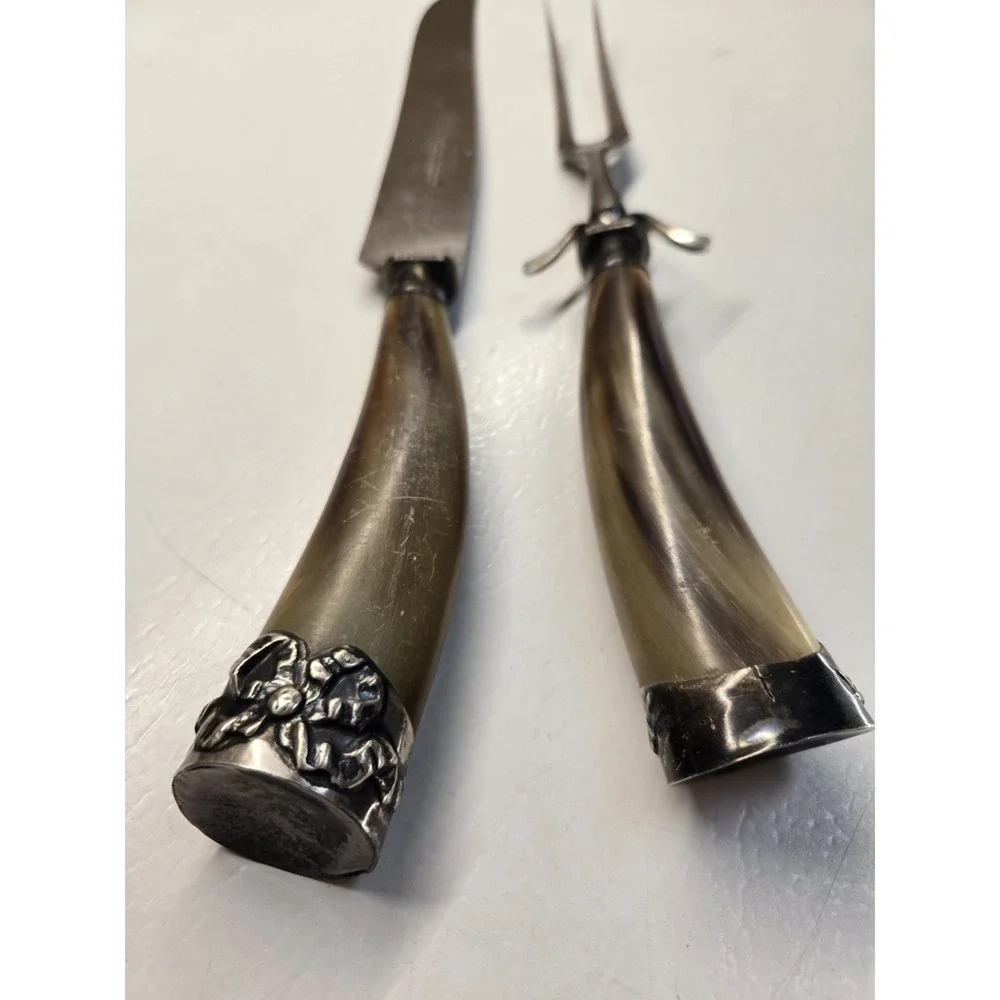 VTG Antique J. A. Henckels Sterling Silver Meat Carving Set Horn Knife Fork